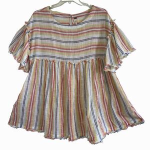 FREE PEOPLE M 100% Cotton Woven Stripe Baby Doll Loose Fit Top Tunic White Pleat